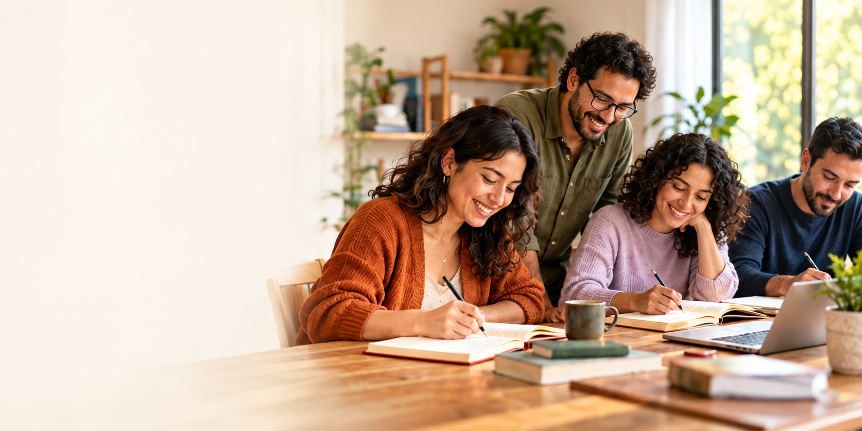 Escritores compartiendo ideas y trabajando en sus manuscritos