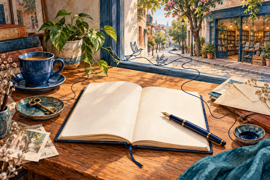 Un cuaderno en blanco, una pluma, una llave y una taza junto a una ventana abierta a una librería de barrio.
