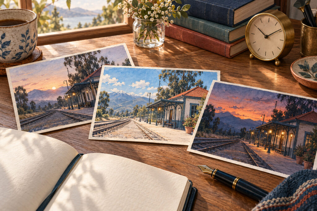 Tres tarjetas de una estación al amanecer, al mediodía y al atardecer junto a un reloj y un cuaderno.